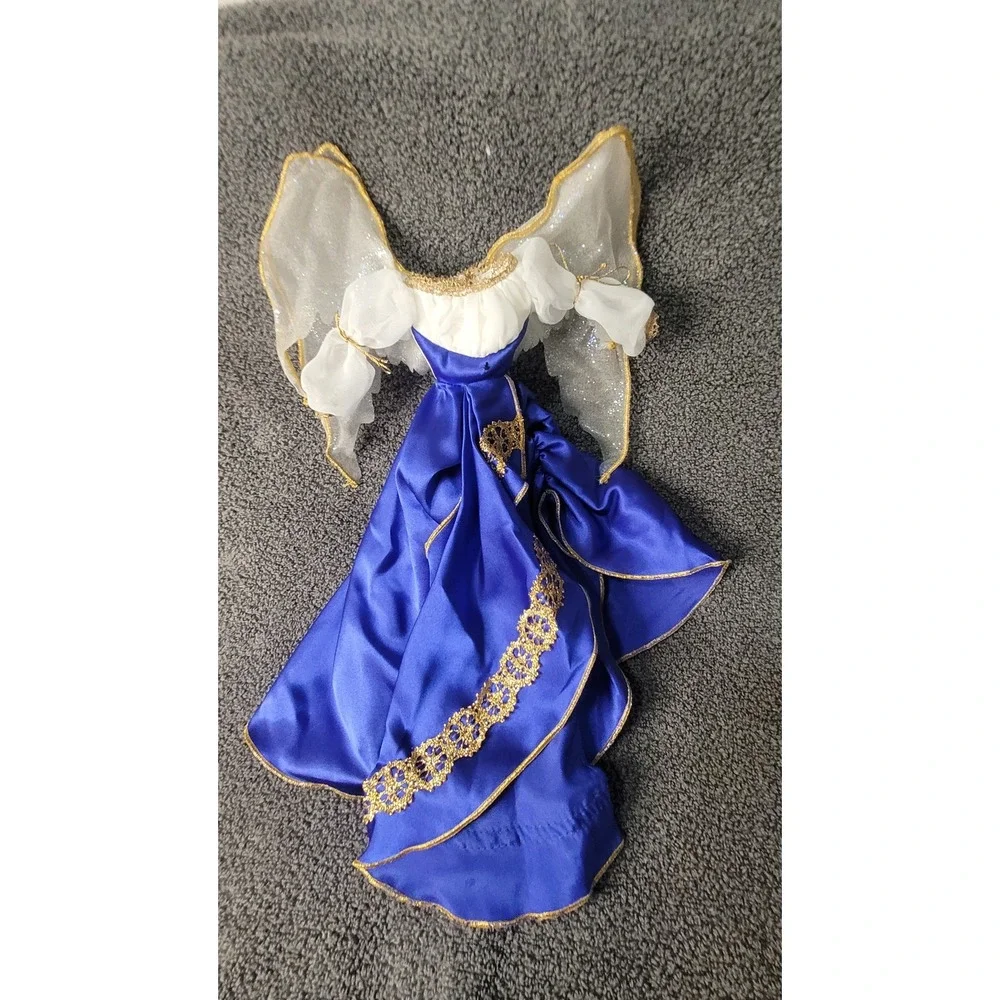 Royal Blue Satin Angel Tree Topper Gold Lace Trim White Wings Holiday Decor